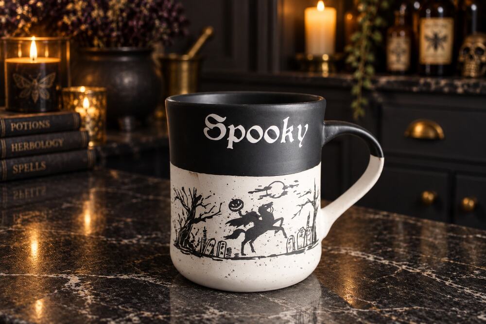 Cobwebs & Cauldrons Halloween Graveyard Mug Pumpkin Black Cat